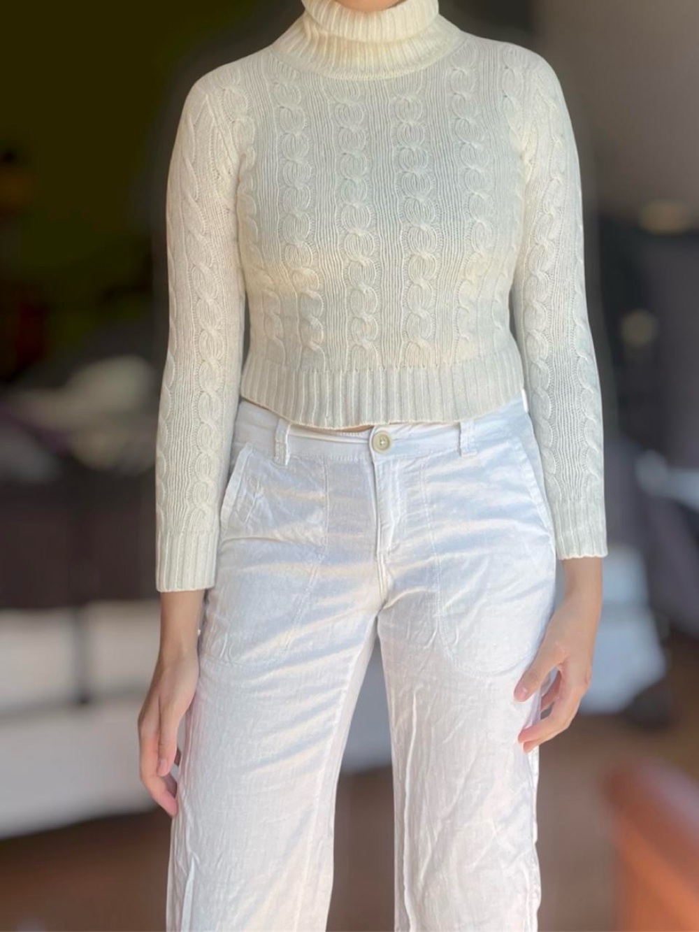 Cropped Cable-Knit Turtleneck Sweater Pants Set - White